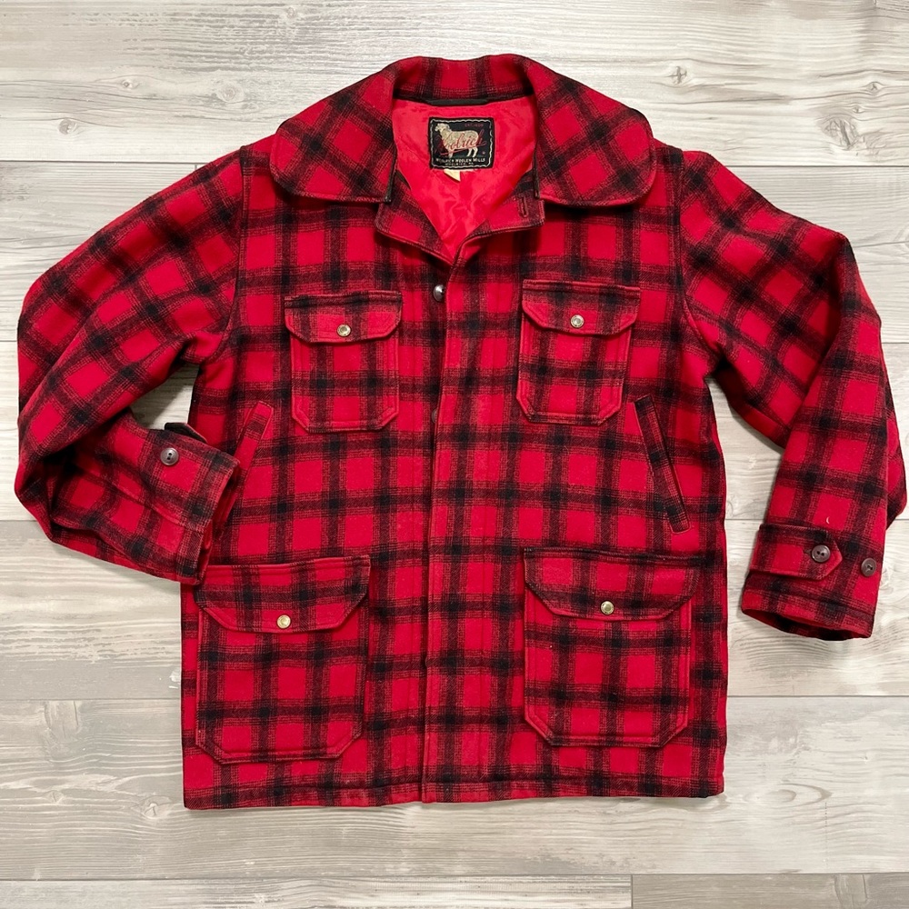 VTG 50s Woolrich Red/Black Shadow Plaid Wool Mackinaw Cruiser Hunting Jacket 42